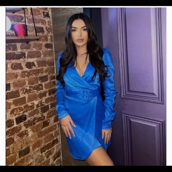 Zara blue v-neck wrap front long sleeve satin effect dress Sz M NWT - Picture 7 of 14